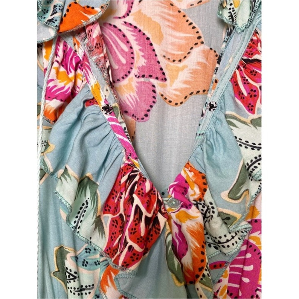 Jaase Boho Aqua Light Blue Floral Dress Ruffle Flowy Tassel Smocked Medium - Picture 3 of 16